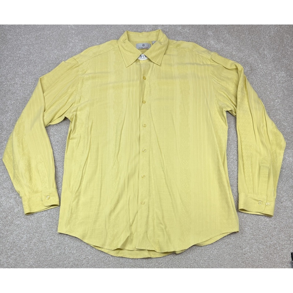 Bobby Chan Men's LARGE Yellow Silk/Blend Casual Button-Front Long Sleeve Shirt